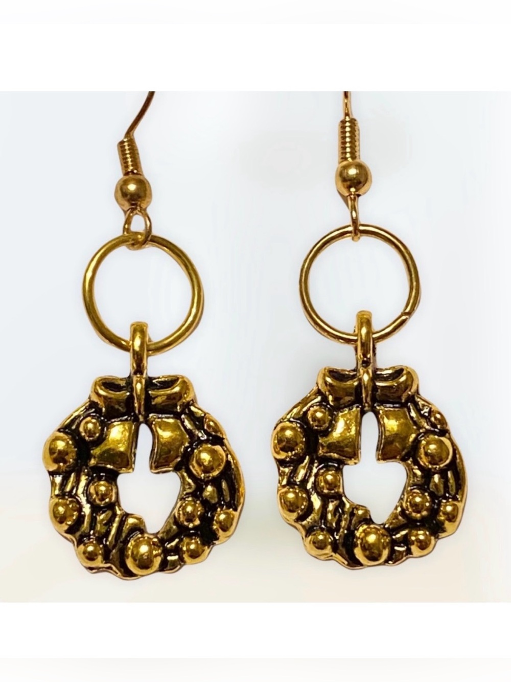 Hand Crafted Earrings Wreath Gold Dangle Holiday Jewelry Christmas Pierced